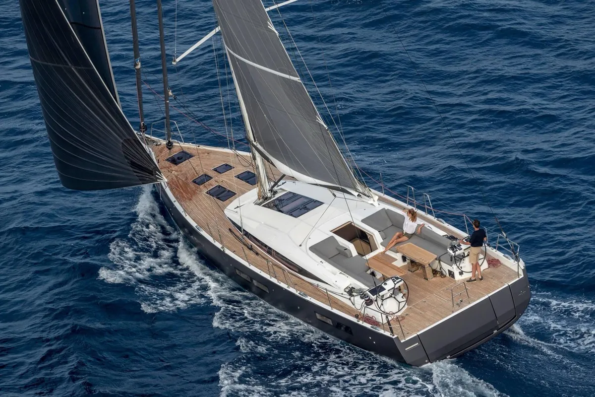 Exterior view of Elyvian Breeze, a Jeanneau 60 sailboat at Brindisi, Italy