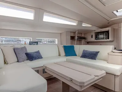 Salon of Elyvian Breeze, a Jeanneau 60 sailboat at Brindisi, Italy