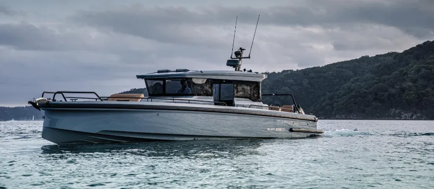 Voreus, a Axopar 37 XC Cross Cabin motorboat at Platys Gialos, Greece