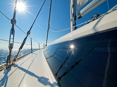 Deck of MH 86, a Bavaria Cruiser 46 sailboat at Murter, Croatia