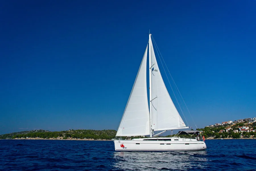 Exterior view of MH 86, a Bavaria Cruiser 46 sailboat at Murter, Croatia