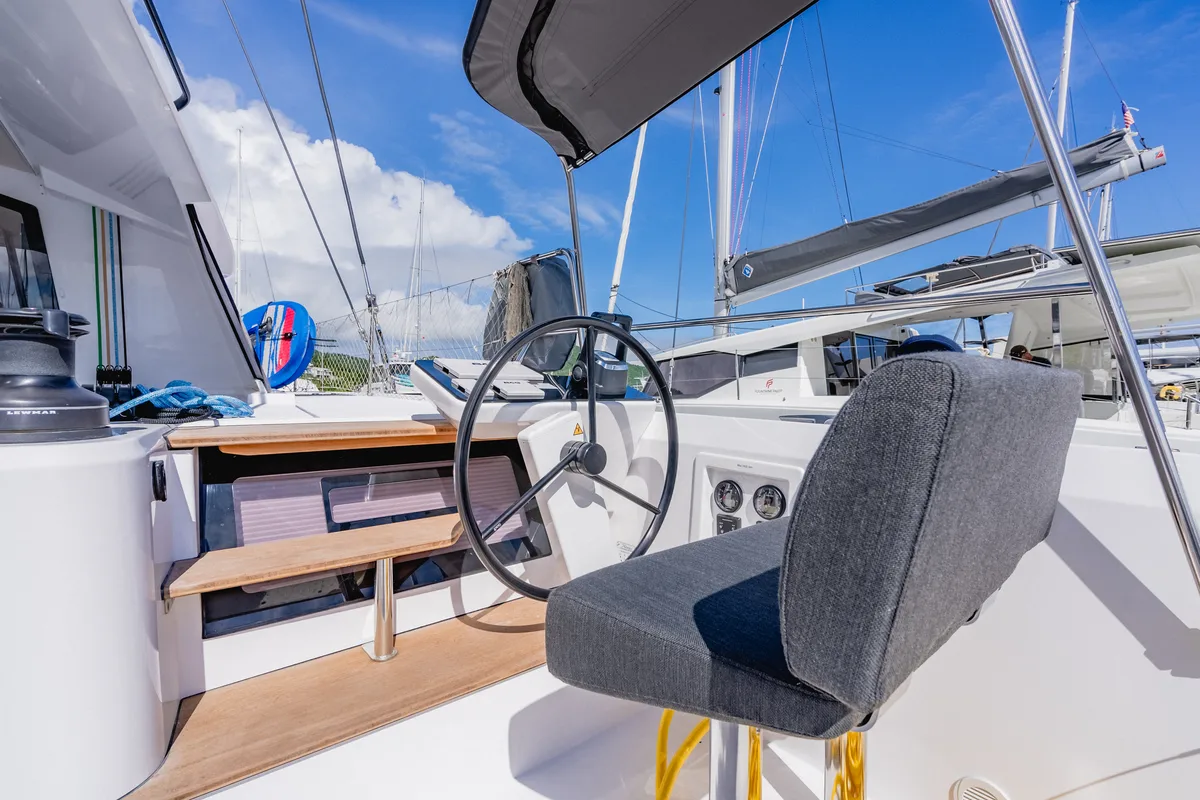 Cockpit of Carpe Diem, a Nautitech 44 Open catamaran at Road Town, British Virgin Islands