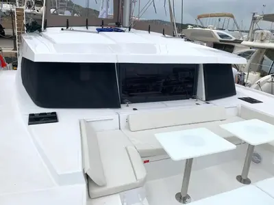 Deck of Medusa I, a Bali 4.1 catamaran at Municipal Unit of Lefkada, Greece