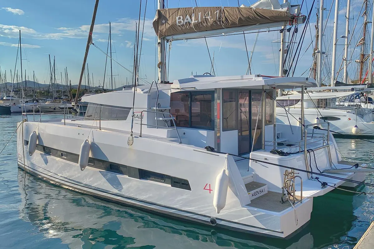 Exterior view of Medusa I, a Bali 4.1 catamaran at Municipal Unit of Lefkada, Greece
