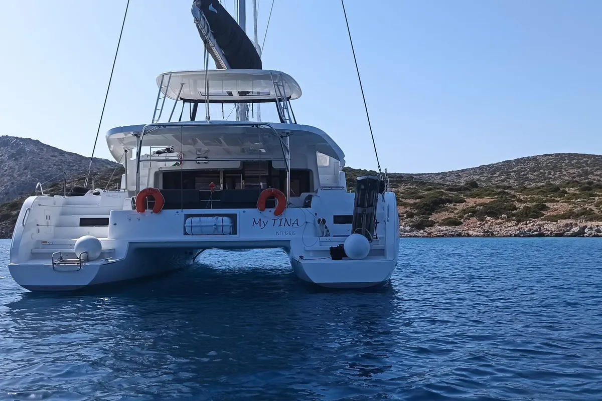 Exterior view of My Tina, a Lagoon 46 catamaran at Kontokali, Greece