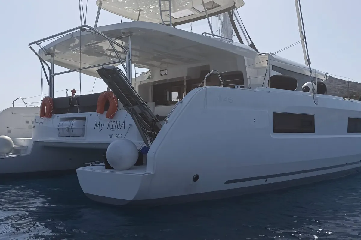 Exterior view of My Tina, a Lagoon 46 catamaran at Kontokali, Greece