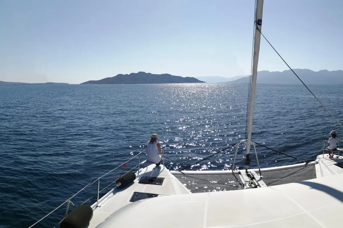 Deck of My Tina, a Lagoon 46 catamaran at Kontokali, Greece