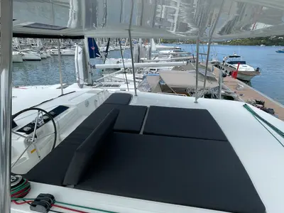 Cockpit of My Tina, a Lagoon 46 catamaran at Kontokali, Greece