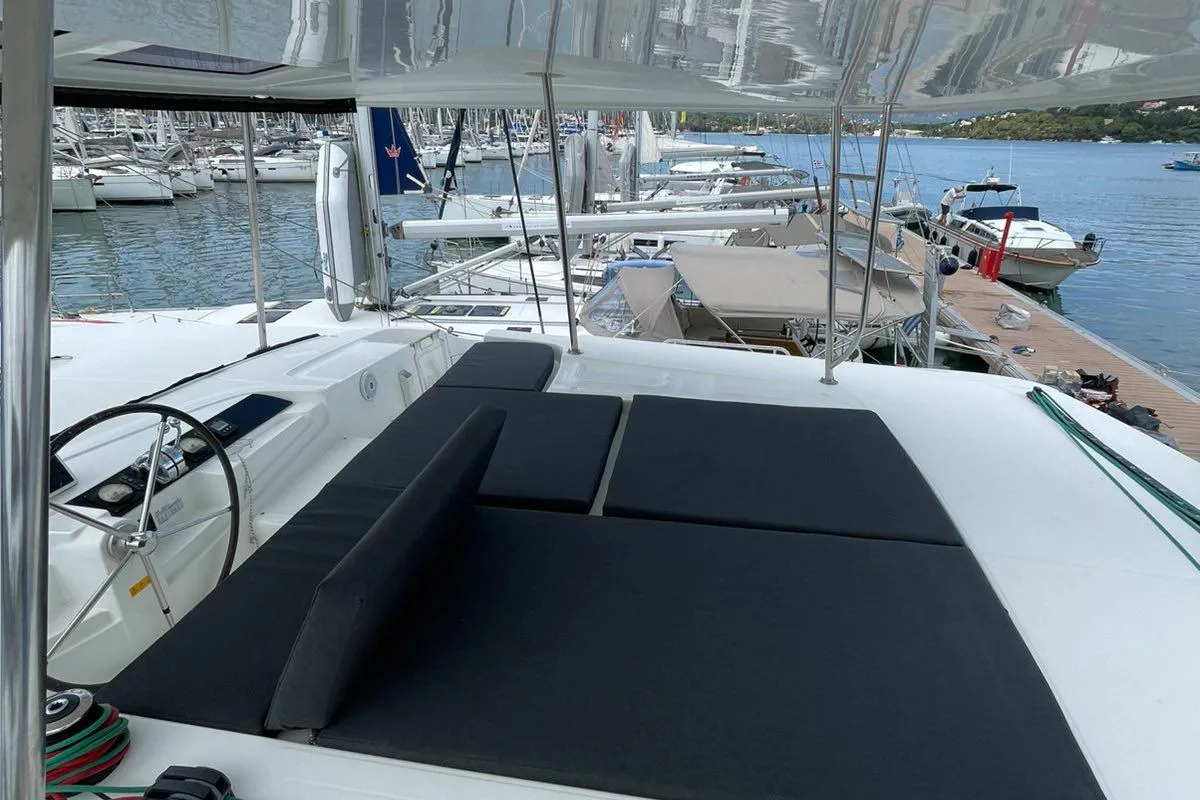 Cockpit of My Tina, a Lagoon 46 catamaran at Kontokali, Greece
