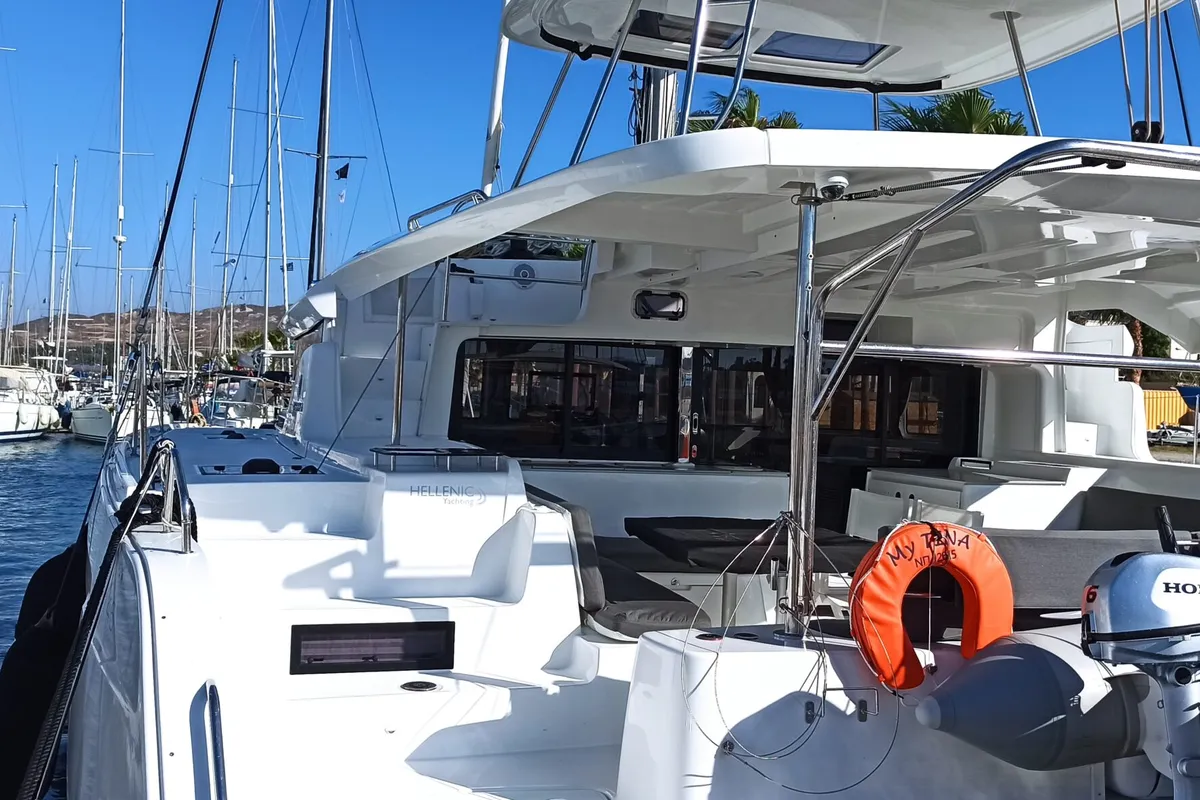 Exterior view of My Tina, a Lagoon 46 catamaran at Kontokali, Greece