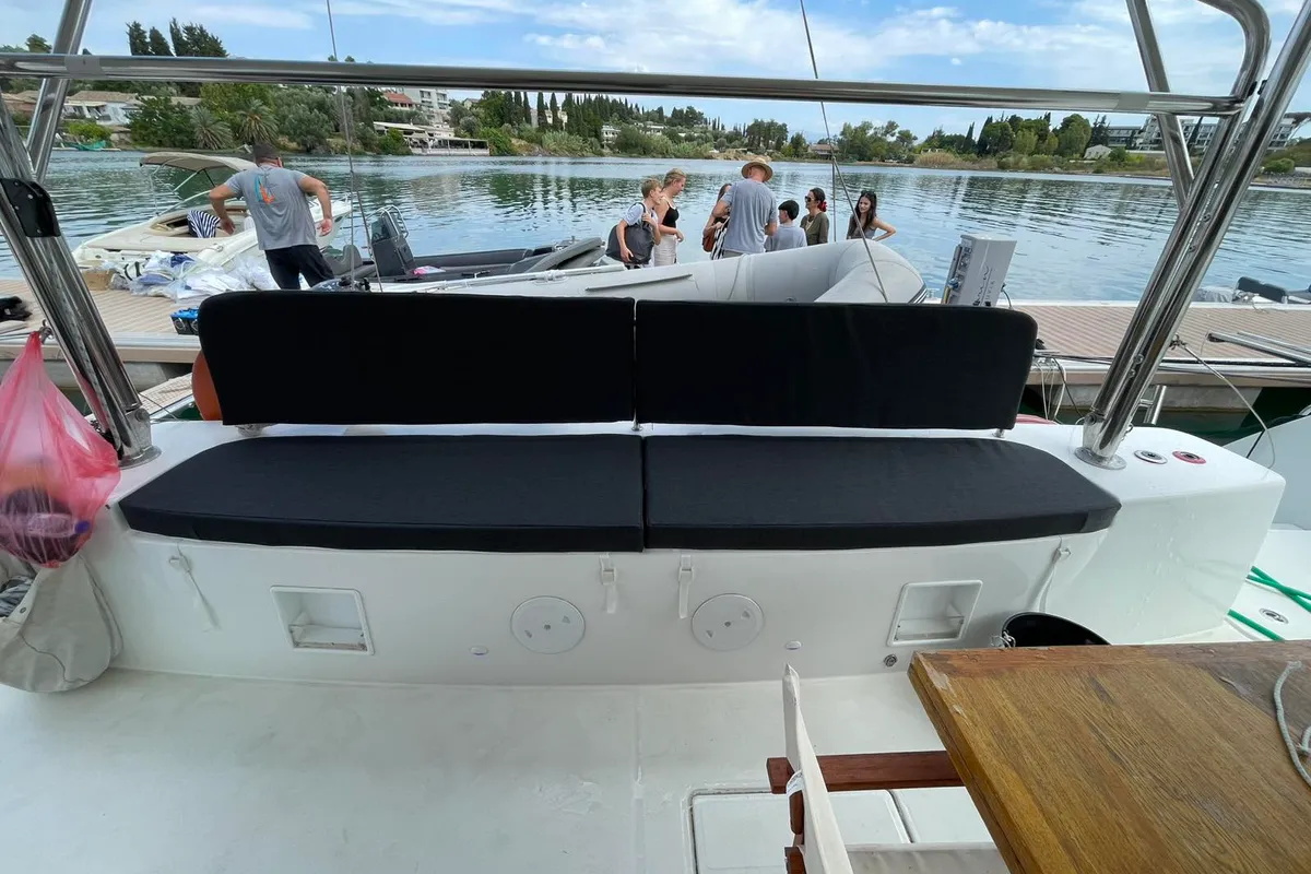 Deck of My Tina, a Lagoon 46 catamaran at Kontokali, Greece