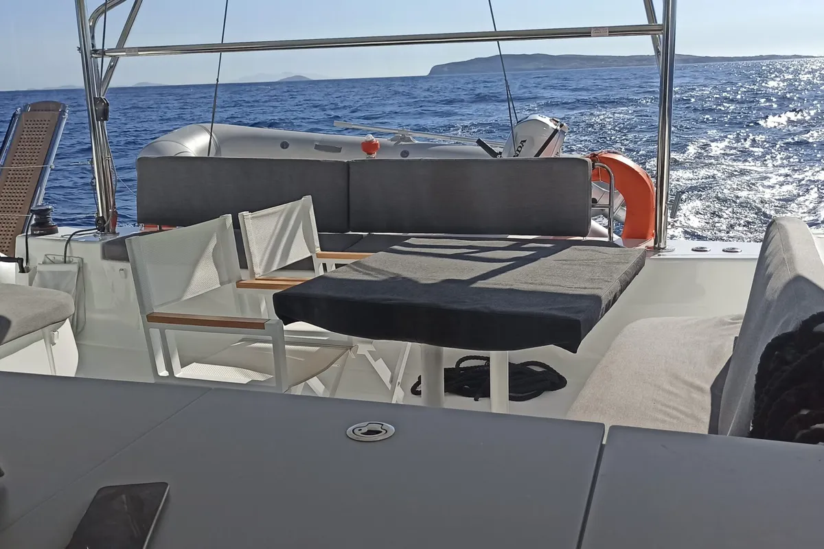 Deck of My Tina, a Lagoon 46 catamaran at Kontokali, Greece