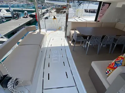 Deck of NADIR, a Bali 4.6 catamaran at Capo d'Orlando, Italy