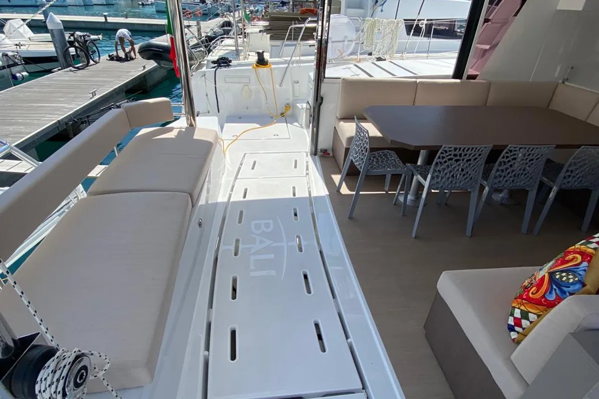 Deck of NADIR, a Bali 4.6 catamaran at Capo d'Orlando, Italy