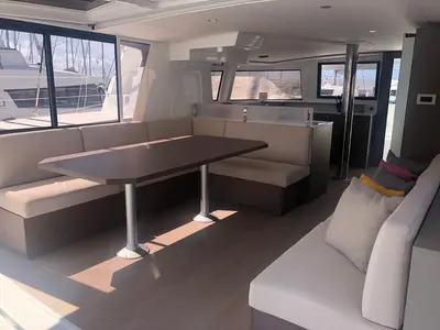 Salon of NADIR, a Bali 4.6 catamaran at Capo d'Orlando, Italy