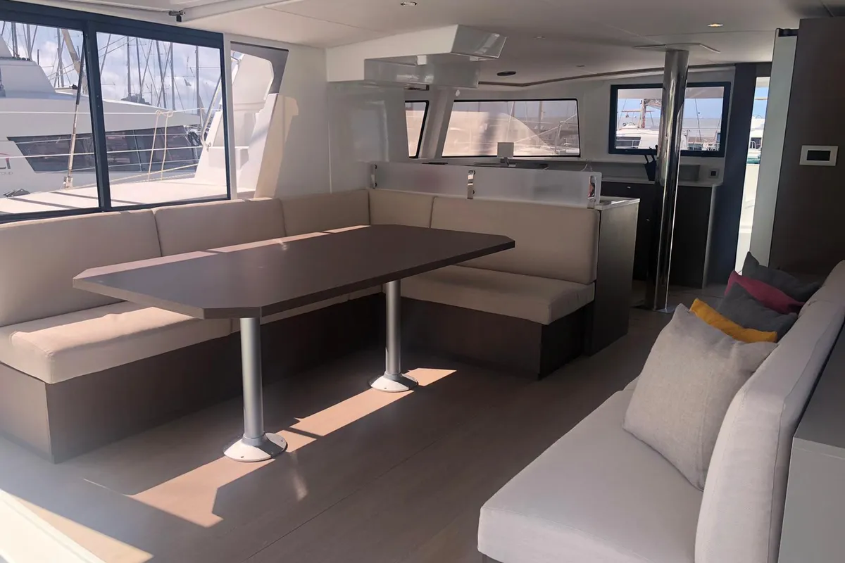 Salon of NADIR, a Bali 4.6 catamaran at Capo d'Orlando, Italy