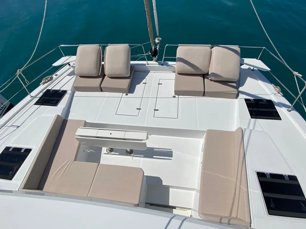 Deck of NADIR, a Bali 4.6 catamaran at Capo d'Orlando, Italy