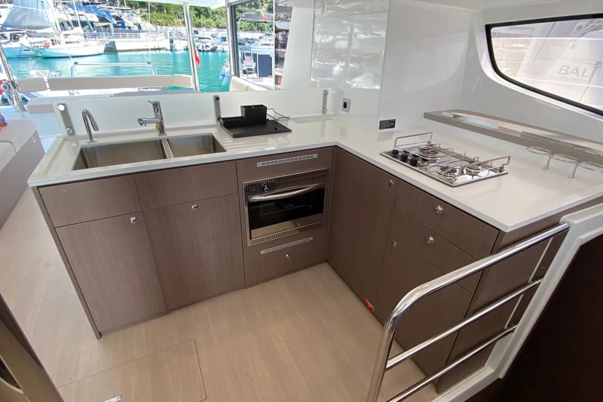 Galley of NADIR, a Bali 4.6 catamaran at Capo d'Orlando, Italy