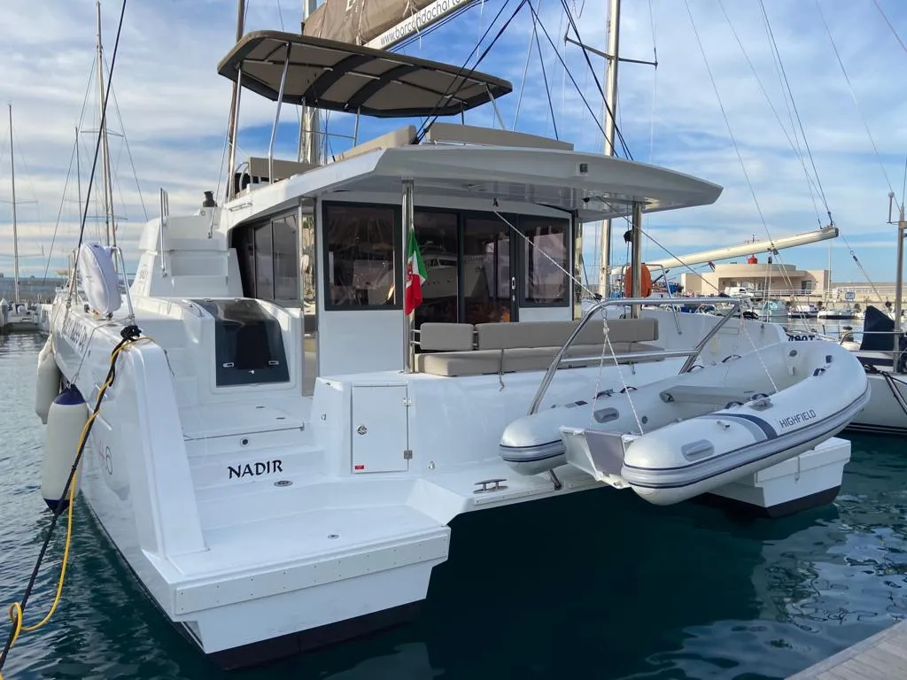 Exterior view of NADIR, a Bali 4.6 catamaran at Capo d'Orlando, Italy