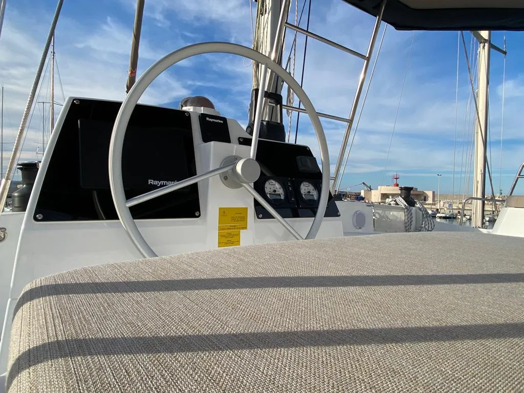 Cockpit of NADIR, a Bali 4.6 catamaran at Capo d'Orlando, Italy