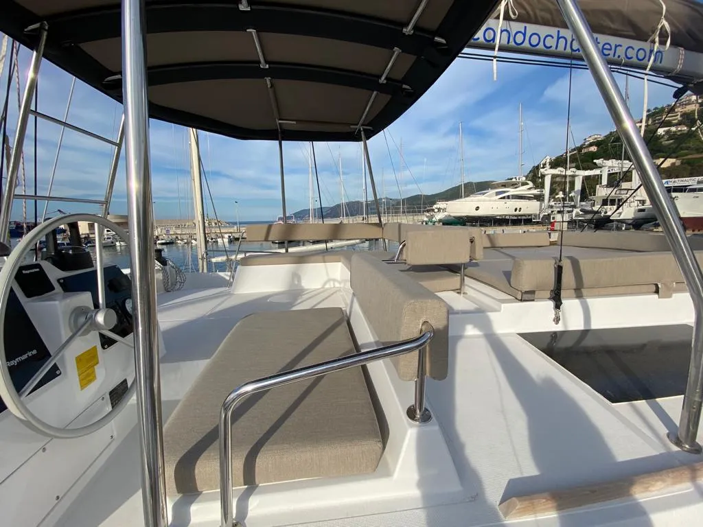 Cockpit of NADIR, a Bali 4.6 catamaran at Capo d'Orlando, Italy