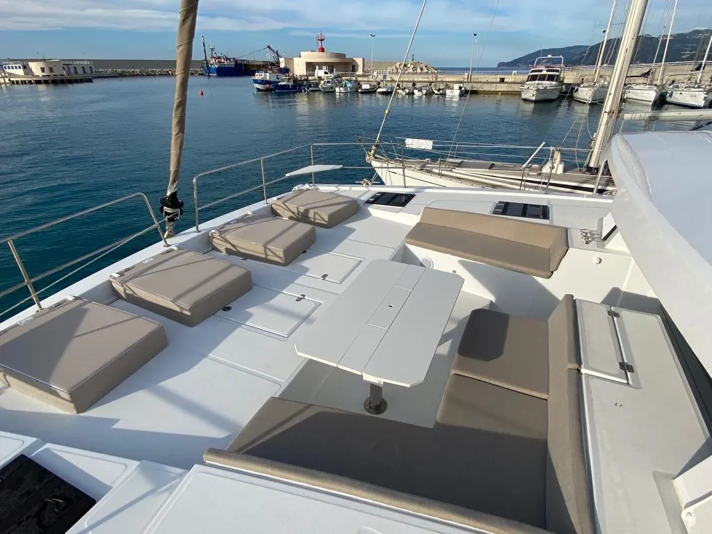 Deck of NADIR, a Bali 4.6 catamaran at Capo d'Orlando, Italy