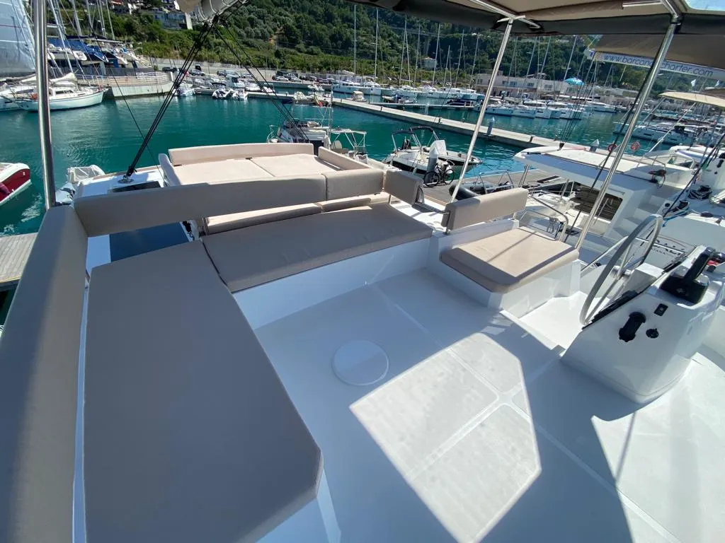 Deck of NADIR, a Bali 4.6 catamaran at Capo d'Orlando, Italy