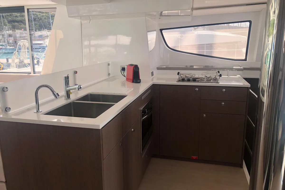 Galley of NADIR, a Bali 4.6 catamaran at Capo d'Orlando, Italy