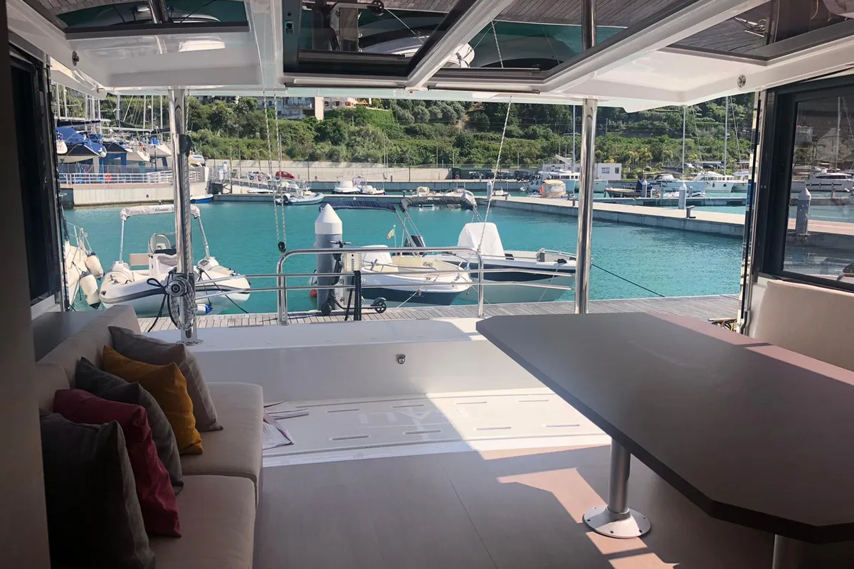 Deck of NADIR, a Bali 4.6 catamaran at Capo d'Orlando, Italy