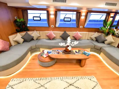 Salon of Twin bed cabin lower deck 3, a Gulet Luxury Motor Yacht motorboat at Sharm El Sheikh, Egypt