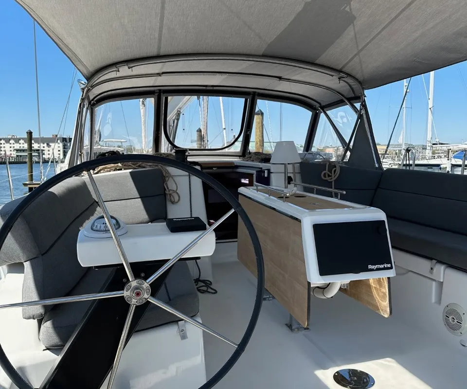 Cockpit of Opportune Moment, a Dufour 430 sailboat at Chesapeake, United States