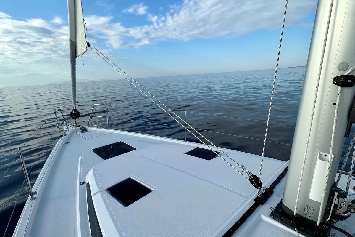 Deck of ERMIS, a Bavaria C42 sailboat at Municipal Unit of Lefkada, Greece