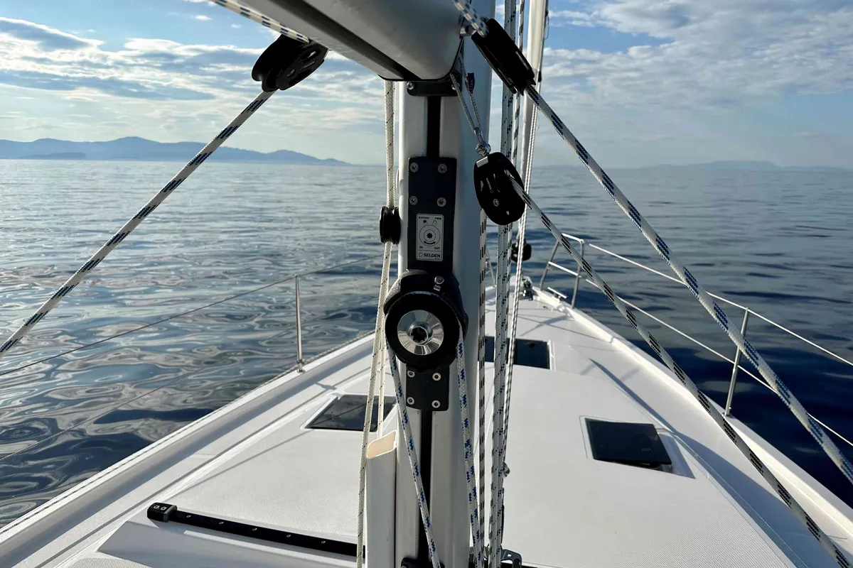 Deck of ERMIS, a Bavaria C42 sailboat at Municipal Unit of Lefkada, Greece