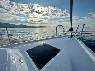 Deck of ERMIS, a Bavaria C42 sailboat at Municipal Unit of Lefkada, Greece