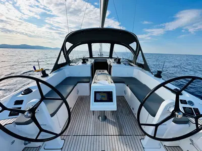 Cockpit of ERMIS, a Bavaria C42 sailboat at Municipal Unit of Lefkada, Greece