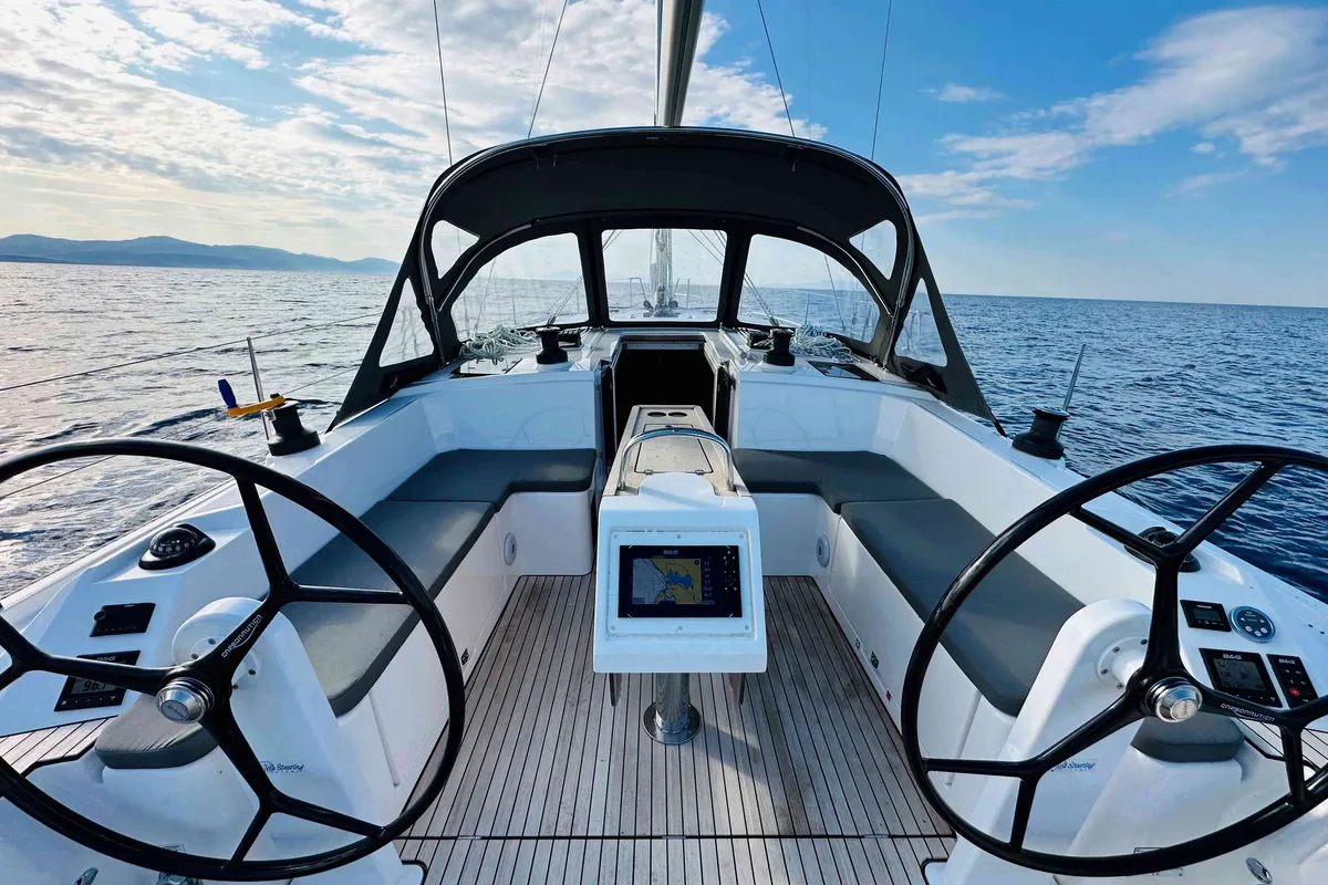 Cockpit of ERMIS, a Bavaria C42 sailboat at Municipal Unit of Lefkada, Greece