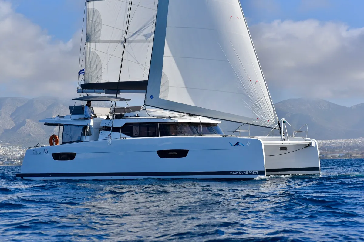 Exterior view of Sea Energy II, a Fountaine Pajot Elba 45 catamaran at Athens, Greece