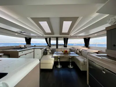 Salon of Sea Energy II, a Fountaine Pajot Elba 45 catamaran at Athens, Greece