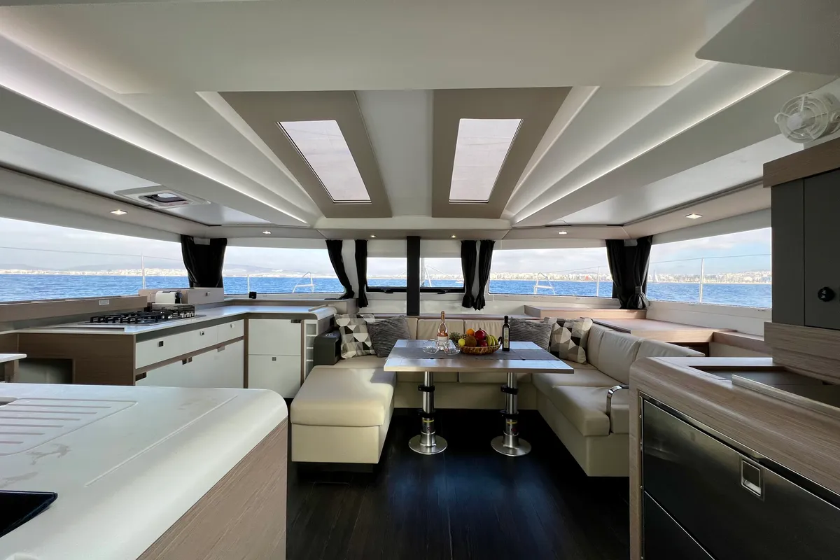 Salon of Sea Energy II, a Fountaine Pajot Elba 45 catamaran at Athens, Greece
