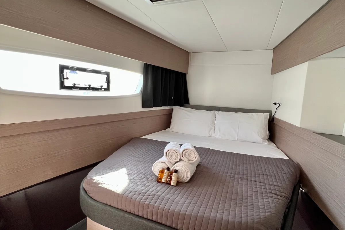Cabin on Sea Energy II, a Fountaine Pajot Elba 45 catamaran at Athens, Greece