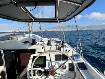 Cockpit of Sea Energy II, a Fountaine Pajot Elba 45 catamaran at Athens, Greece