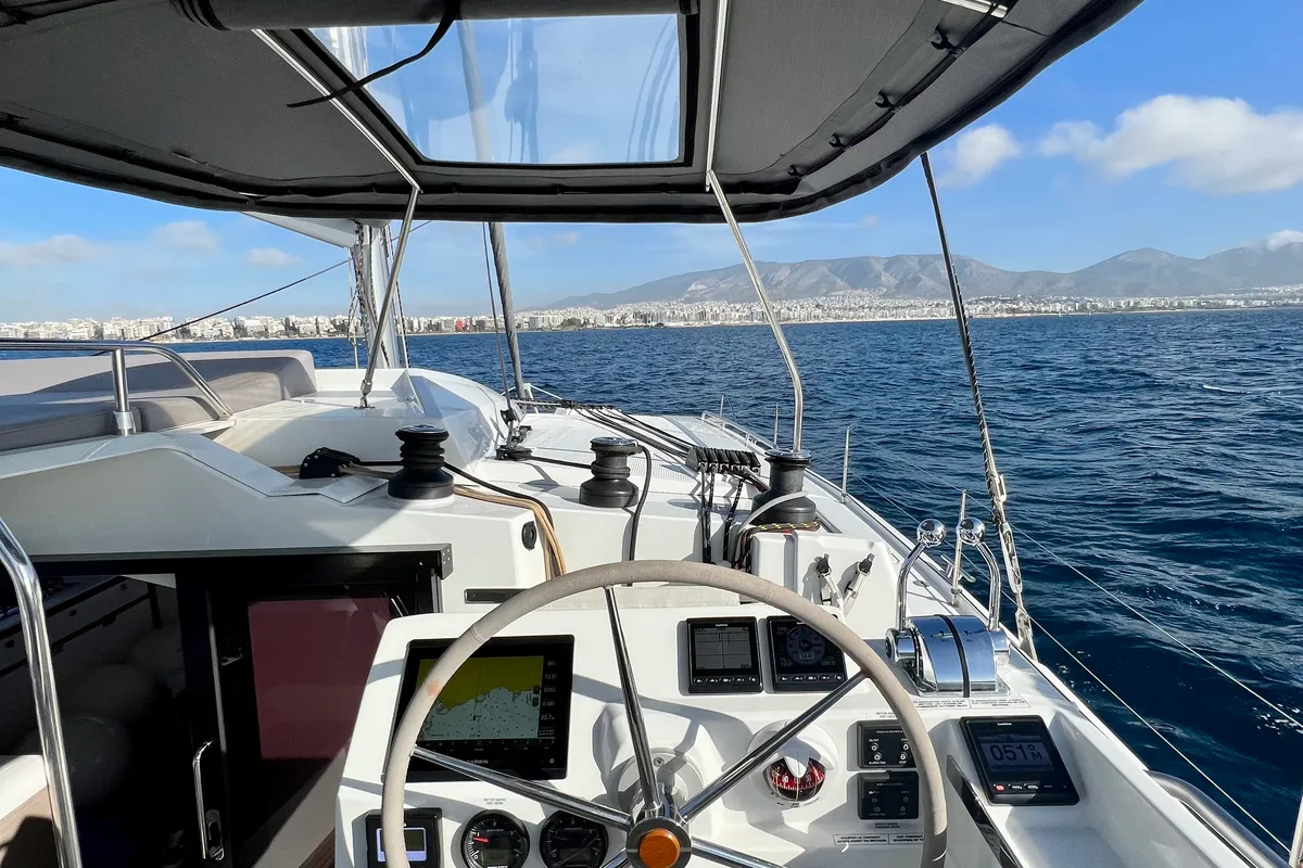 Cockpit of Sea Energy II, a Fountaine Pajot Elba 45 catamaran at Athens, Greece