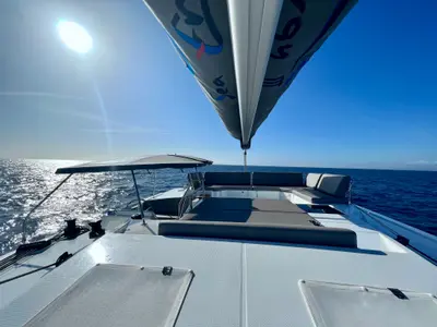 Deck of Sea Energy II, a Fountaine Pajot Elba 45 catamaran at Athens, Greece