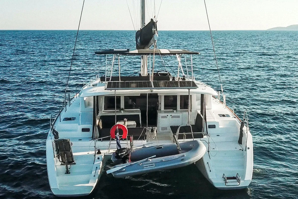 Exterior view of Relax, a Lagoon 450 Fly catamaran at Athens, Greece