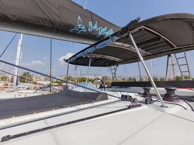 Cockpit of Relax, a Lagoon 450 Fly catamaran at Athens, Greece