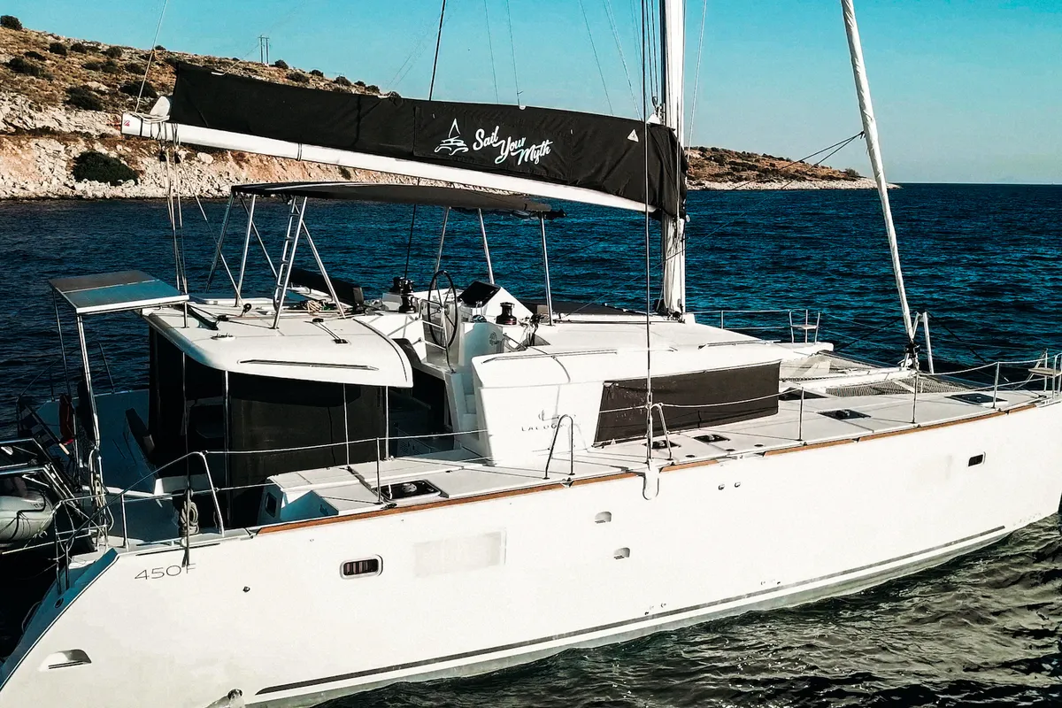 Exterior view of Relax, a Lagoon 450 Fly catamaran at Athens, Greece