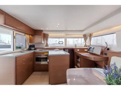 Galley of Relax, a Lagoon 450 Fly catamaran at Athens, Greece