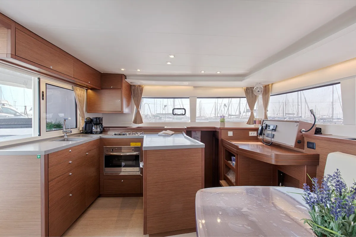Galley of Relax, a Lagoon 450 Fly catamaran at Athens, Greece