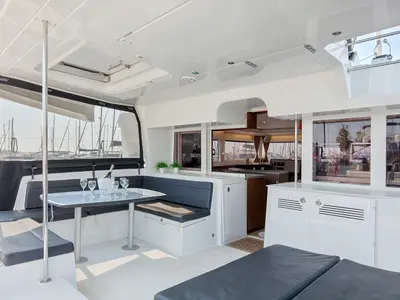Deck of Relax, a Lagoon 450 Fly catamaran at Athens, Greece