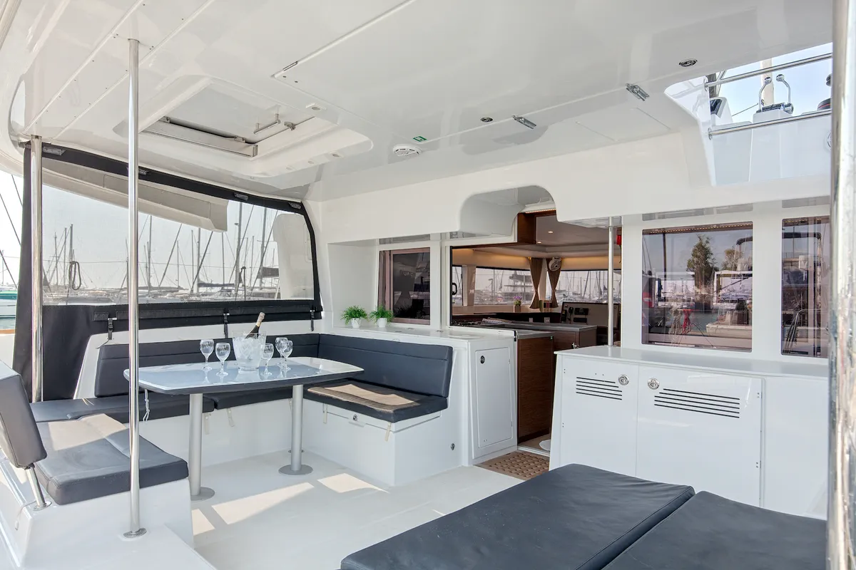 Deck of Relax, a Lagoon 450 Fly catamaran at Athens, Greece